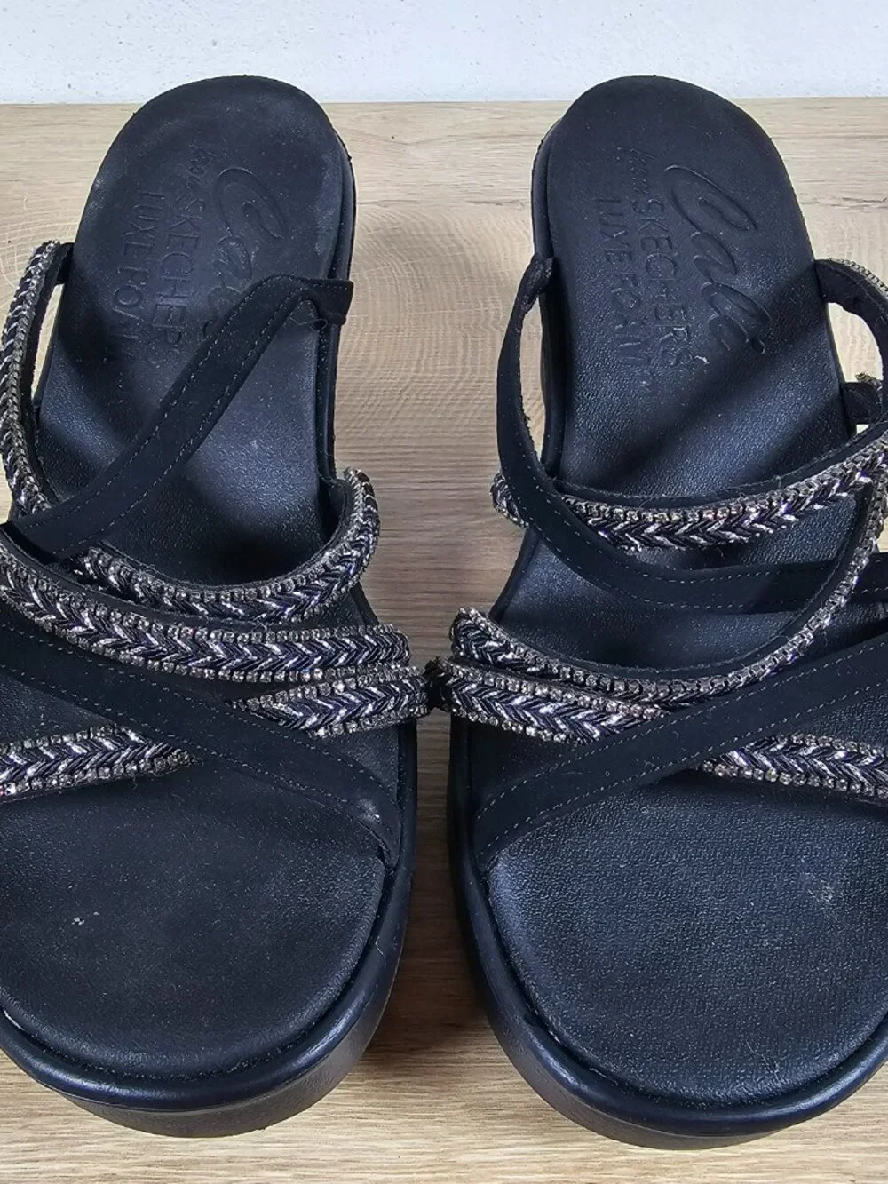 Skechers Cali Rumble On Night Out Womens Sandals Black Strappy Luxe Foam Size 10